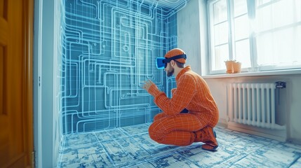 Un uomo idraulico con visore VR interagisce con un progetto tridimensionale in realtà aumentata, rappresentando l'innovazione tecnologica e la creatività digitale.