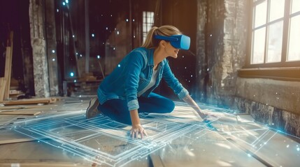 Un donna architetto con visore VR interagisce con un progetto tridimensionale in realtà aumentata, rappresentando l'innovazione tecnologica e la creatività digitale.