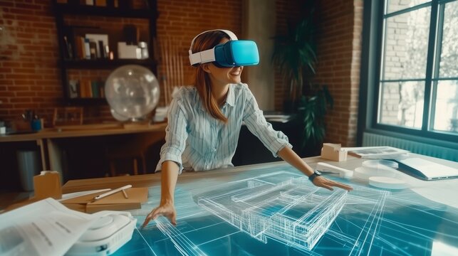 Un donna architetto con visore VR interagisce con un progetto tridimensionale in realt&agrave; aumentata, rappresentando l'innovazione tecnologica e la creativit&agrave; digitale.