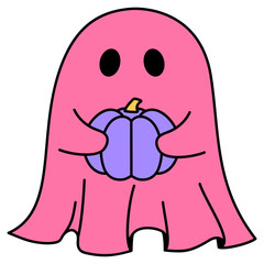 pink cute ghost is holding a purple pumpkin