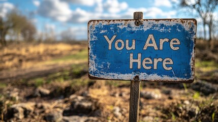 A rustic blue signpost with the message You Are Here amidst a rural landscape under a partly cloudy sky and surrounded by natural scenery