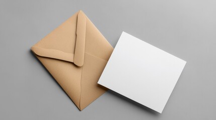 Brown Envelope with Blank Card on Grey Background