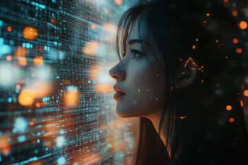A woman analyzing futuristic holographic data, showcasing innovation and advanced technology, surrounded by binary code and designed in a wireframe plexus style.