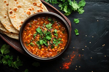 Traditional indian masoor dal or tadka lentil stew served with homemade chapati on an antique dark wood table, showcasing a spicy lentil soup garnished with fresh herbs and spices in a bowl