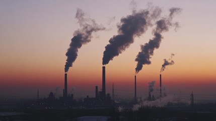 Smoke air pollution emitted from factory chimneys against an opaque sky, highlighting environmental concerns and industrial impact on air quality