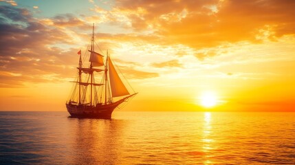 Fototapeta premium A vintage sailboat gracefully gliding on the sea during a stunning sunset, symbolizing the spirit of adventure and exploration celebrated on Columbus Day, a national holiday in the USA