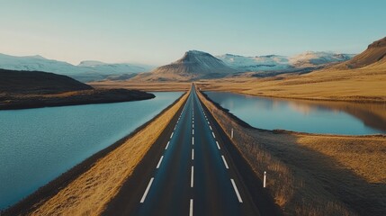 Obraz premium A straight asphalt road with white markings stretching into the distance, passing through a serene lake with Icelandic mountains and a clear sky in the background.