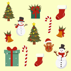 set of collection elements christmas likes a tree, gift, snowman, sock, cookies vector