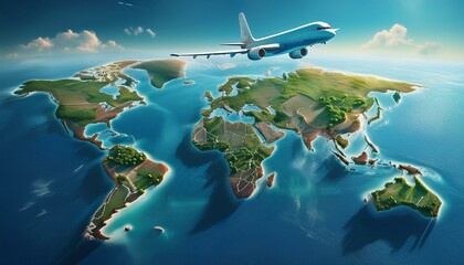 Obraz premium airplane with world map on blue background