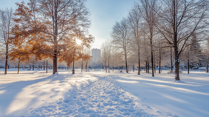 Fototapeta premium Snowy park with untouched snow and scattered snowballs, serene mood, sunny winter day 