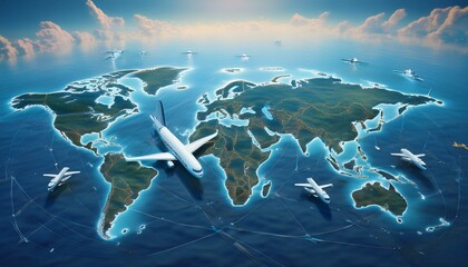 Fototapeta premium 飛行機と飛行地図：世界地図