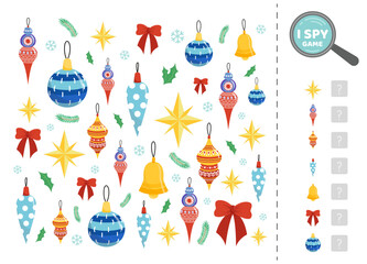 I spy game for kids with Christmas bell, toys, bauble. Search and count how many. Math game
