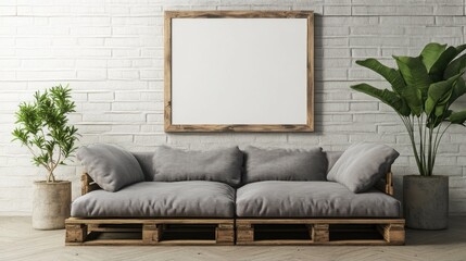 Rustic Pallet Sofa with Plants and a Blank Canvas