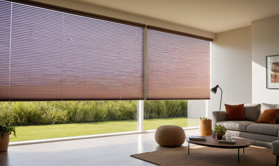Brown blinds are pulled down in a living room, providing privacy and filtering sunlight