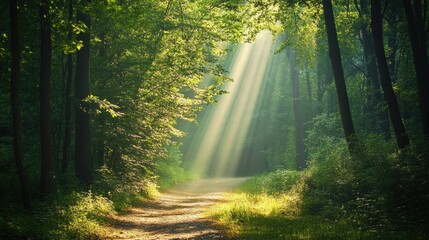 Obraz premium Serene Pathway Through Lush Green Forest