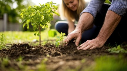 Couple Planting Tree in Backyard Garden