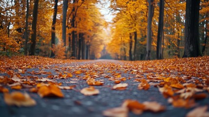 Scenic autumn road with falling leaves and golden trees