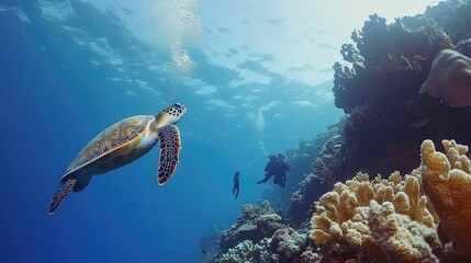 Fototapeta premium Scuba Diving with Turtles in Coral Reef Environment