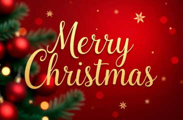 Merry Christmas wish on festive red background. Holiday card