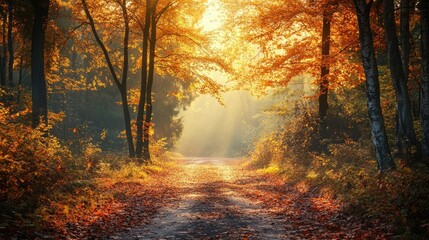 Fototapeta premium Colorful Autumn Landscape with Pathway Through Trees