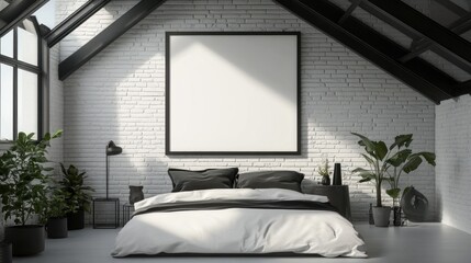 Minimalist Bedroom with White Brick Wall and Large Empty Frame