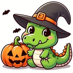 Cute Crocodile With Pumpkin Halloween Cartoon Vector Icon Illustration