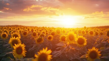 Obraz premium Warm Sunset Over a Field of Bright Sunflowers