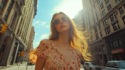 Summer Dress Model Walking in City Street