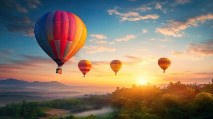 Naklejka premium Colorful Hot Air Balloons Over Scenic Landscape