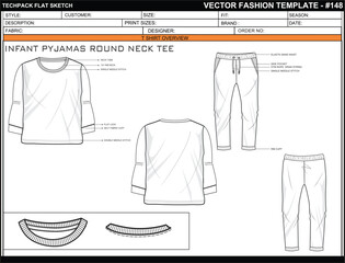 INFANT PYJAMAS ROUND NECK TEE FLAT SKETCH FASHION TEMPLATE TECHNICAL  ILLUSTRATION