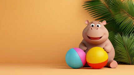 A playful hippo enjoys a sunny day by the beach, holding two colorful balls with a bright smile. The tropical leaves in the background enhance the joyful and cheerful atmosphere.