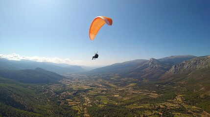 Paraglider Soaring Above a Green Valley with Mountains