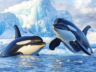 Two playful orcas are seen swimming near icy waters with an iceberg in the background, showcasing the beauty of marine wildlife in polar regions.