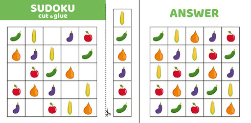 Fototapeta premium Sudoku with five vegetables. Autumn summer harvest. Game puzzle for kids. Cut and glue. Cartoon.