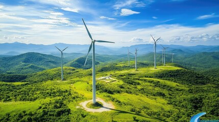 Aerial view of a beautiful windmill farm, with turbines spread across a vast landscape of lush greenery and a bright blue sky
