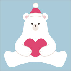 クリスマスの白熊のベクターイラスト。冬、ハート、帽子、シロクマ、ホッキョクグマ