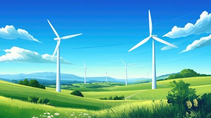 Fototapeta premium Beautiful white wind turbines spinning gracefully on a farm, set against a realistic backdrop of blue skies and vibrant green fields