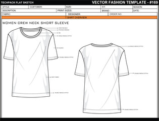 WOMEN CREW NECK SHORT SLEEVE TEE FLAT SKETCH FASHION TEMPLATE TECHNICAL ILLUSTRATION