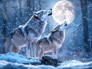 Two wolves howling at the moon on a snowy night, captured in a magical, serene winter forest setting, showcasing nature's beauty.