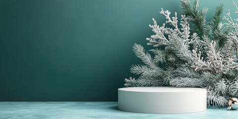 Serene christmas podium with snowy pine leaves, red berries, and gift boxes. Ideal for cosmetic mockups or seasonal templates, creating a festive and elegant winter wonderland scene