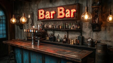 Rustic and charming vintage bar setting featuring a wooden counter, an array of liquor bottles, and bright neon signs, creating a warm and inviting atmosphere with unique lighting