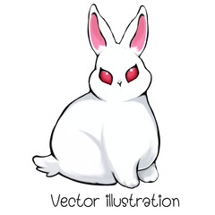 A fat white rabbit is sitting and watching