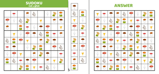 Hard sudoku with nine mushrooms. Game puzzle for little kids. Cut and glue. Cartoon