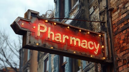 Obraz premium A weathered, vintage-style pharmacy sign with glowing neon letters, mounted on the exterior of an old brick building in a historic urban area