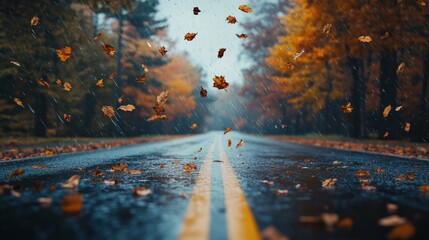 Autumn leaves falling on a serene road lined with vibrant trees