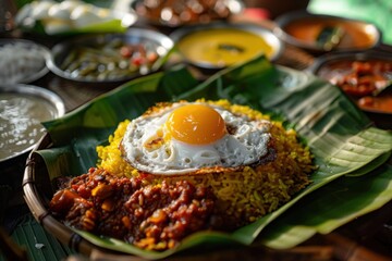 Fried Egg on Banana Leaf with Traditional South Indian Spiced Rice Meal