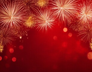 Abstract festive Silvester New Year 2025 Party, New Year's Eve celebration background panorama banner long - Red golden firework on red texture with bokeh lights and space for text