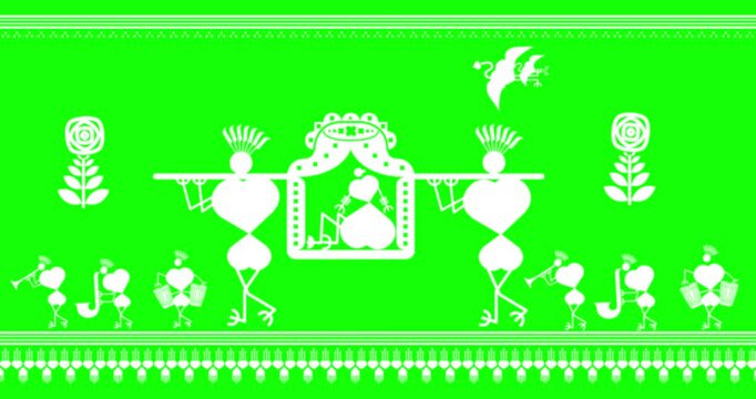 warli art The bridal procession Indian tribal Painting on green screen isolated with chroma