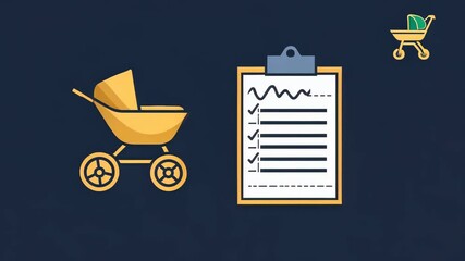 A yellow stroller sits next to a checklist, indicating preparation for a new arrival