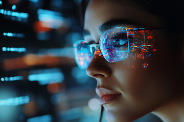 A woman analyzing futuristic holographic data, showcasing innovation and advanced technology, surrounded by binary code and designed in a wireframe plexus style.